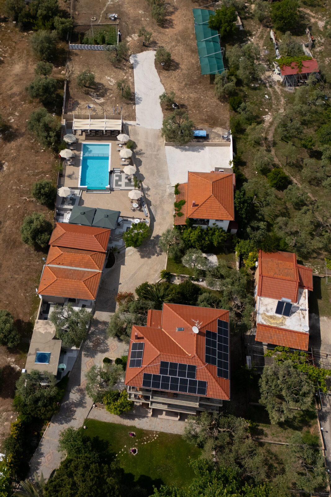 Aerial view of Irini Patira among the olive groves